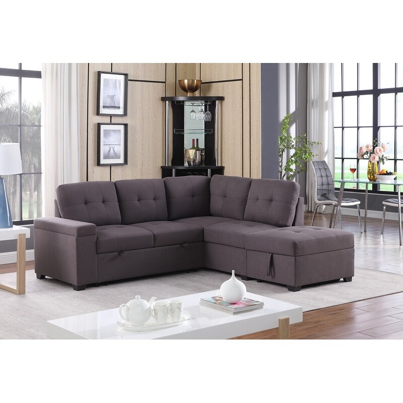 Katie Brown Linen Sleeper Sectional Sofa with Storage Ottoman  Storage Arm