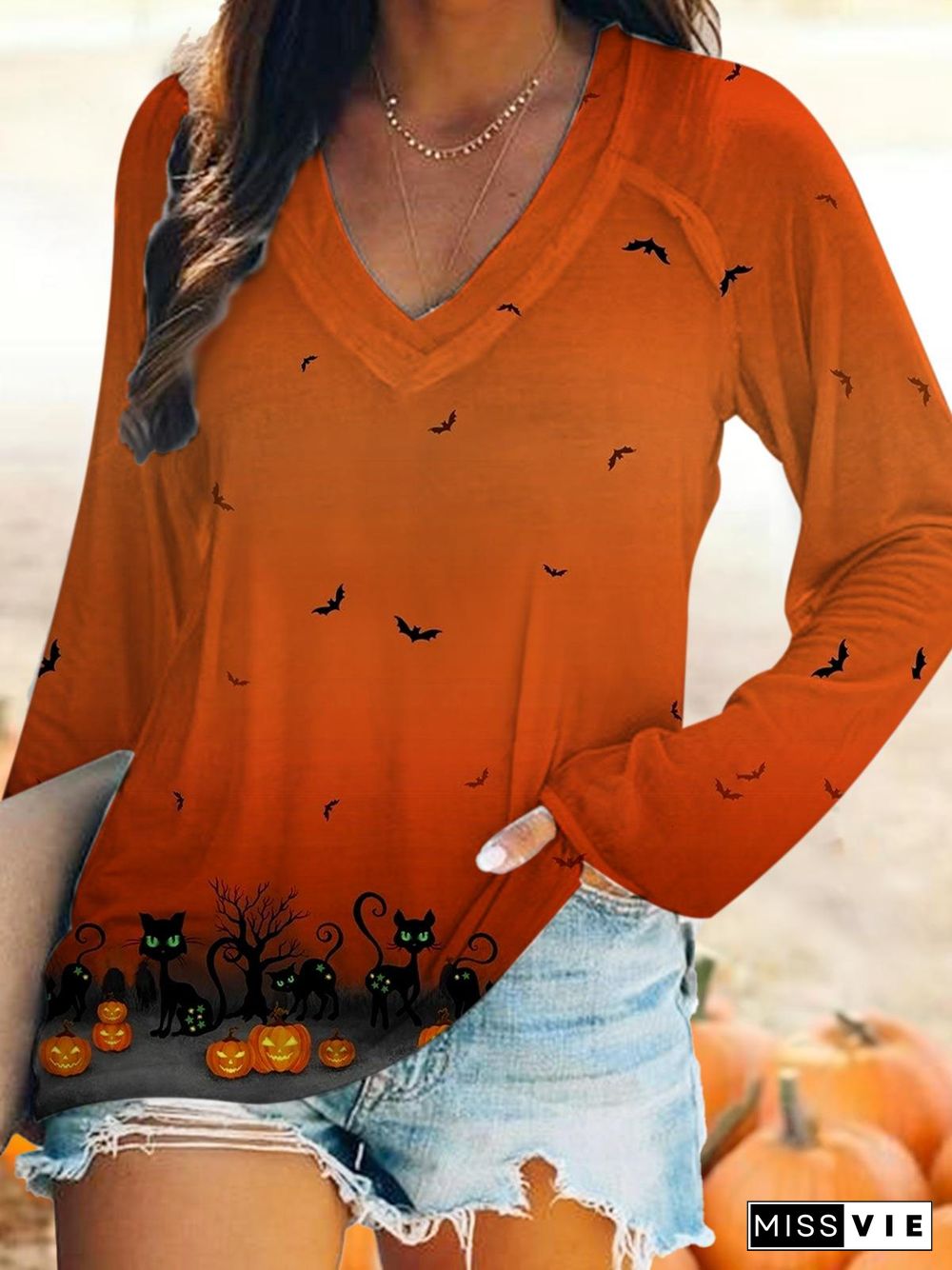 Women's Black Cat Pumpkin V-Neck Long Sleeve T-Shirt