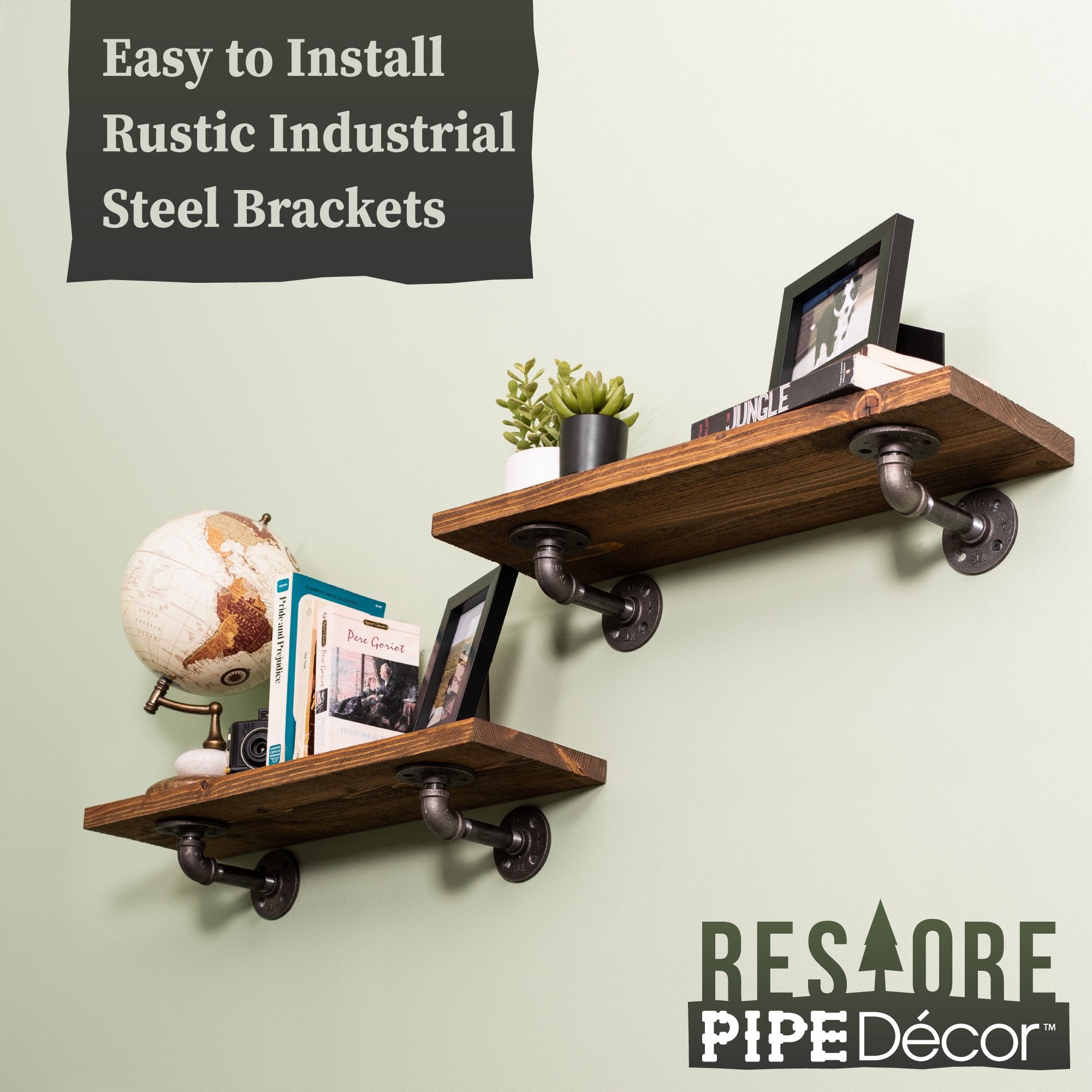 24 in. x 7.5 in. x 6.75 in. Autumn Brown Restore Wood Wall Shelving with Industrial Steel Pipe L- Brackets