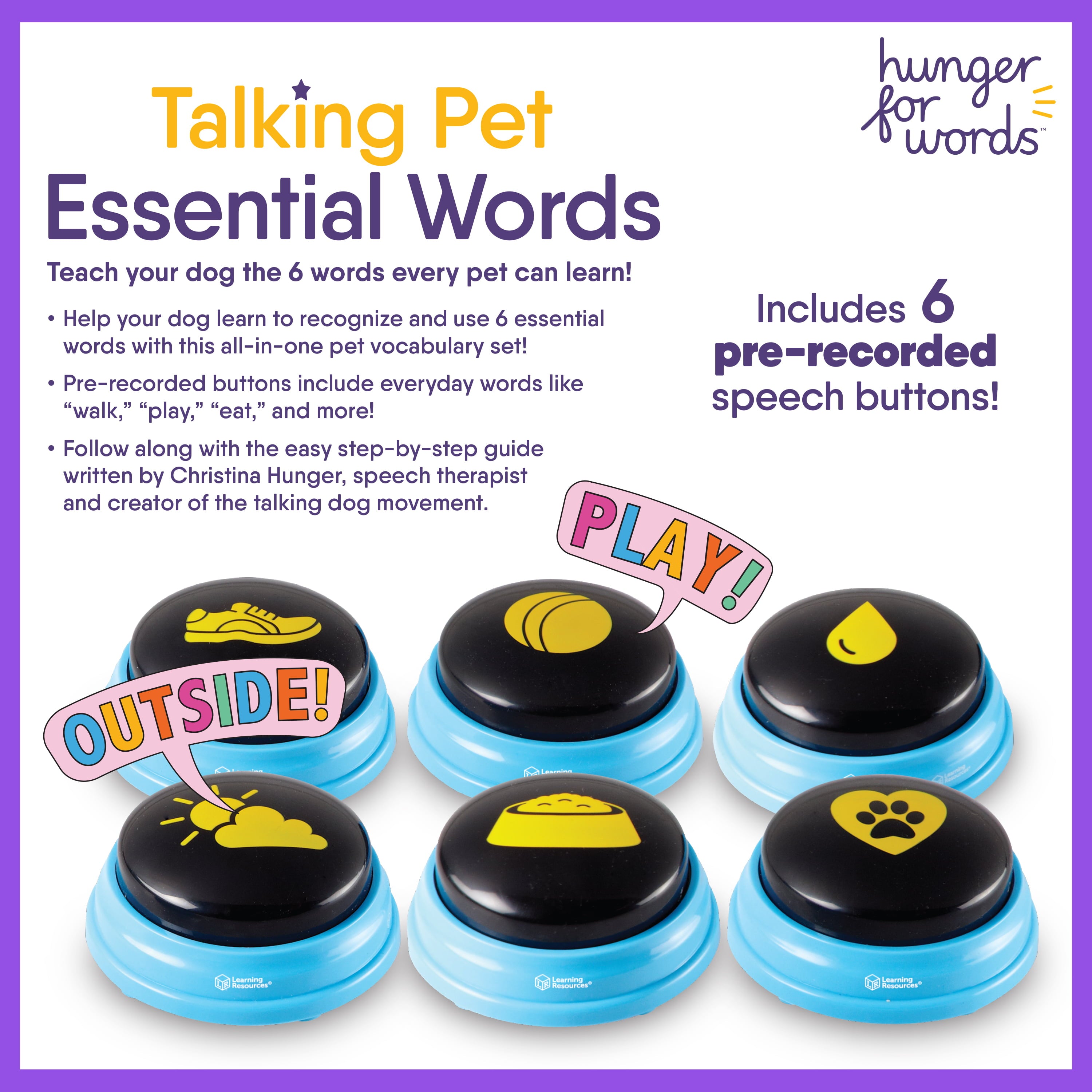 Hunger for Words Talking Pet Essential Words 6-Piece Buttons for Dog Communication， Dog Toys