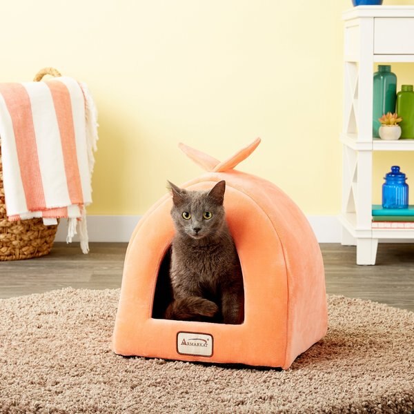 Armarkat Cave Shape Covered Cat and Dog Bed， Orange/Ivory