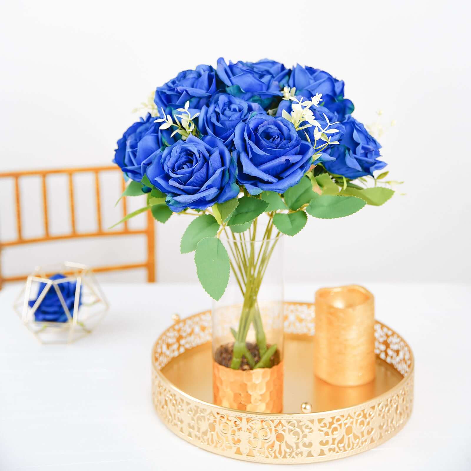 2 Bushes Royal Blue Artificial Silk Rose Flower Arrangements, Real Touch Long Stem Flower Bouquet 18