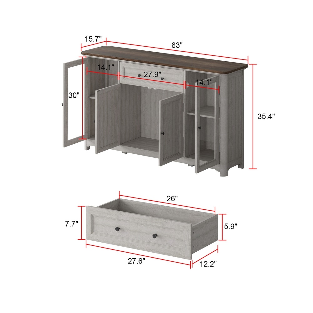 Buffet Console Cabinet with Glass Doors   Versatile Storage Solution   63\