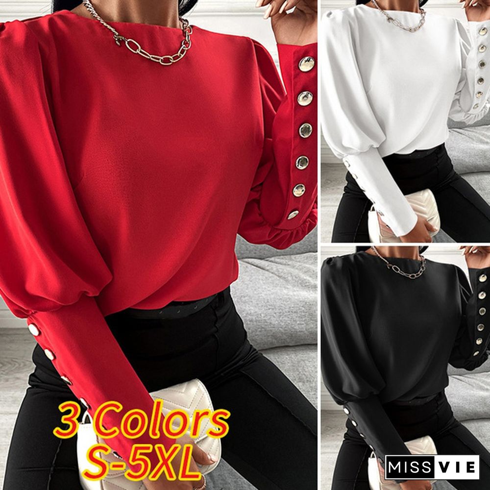 S-5XL Women Long Sleeve Round Neck Casual Satin Blouse Tops Solid Color Elegant Ladies Shirts