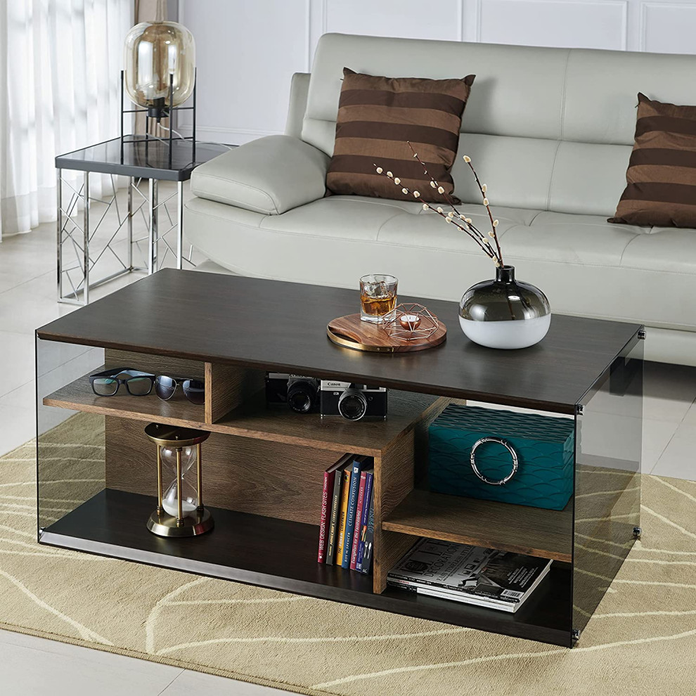 Contemporary Coffee Table  Side Glass Panels and Multiple Open Shelves  Wenge   Contemporary   Coffee Tables   by Decor Love  Houzz