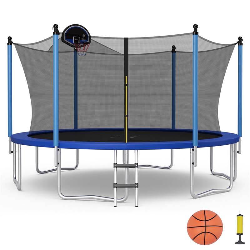 12/14/15/16 FT ASTM Approved Outdoor Recreational Trampoline with Basketball Hoop & Internal Enclosure Net