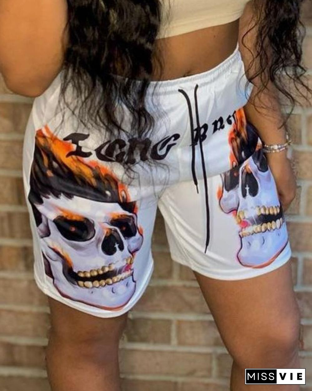 Skull Print Drawstring Shorts