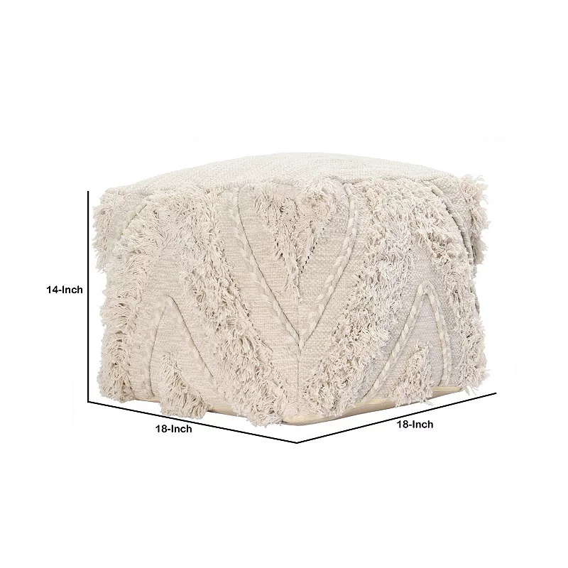 Fabric Pouf Ottoman with Woven Design and Fringe Details， Cream