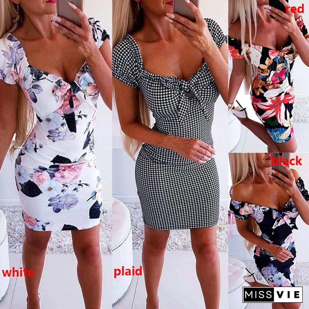 Deep V Neck Short Sleeve Floral Print Bodycon Women Dress Package Hip Backless Women Dress