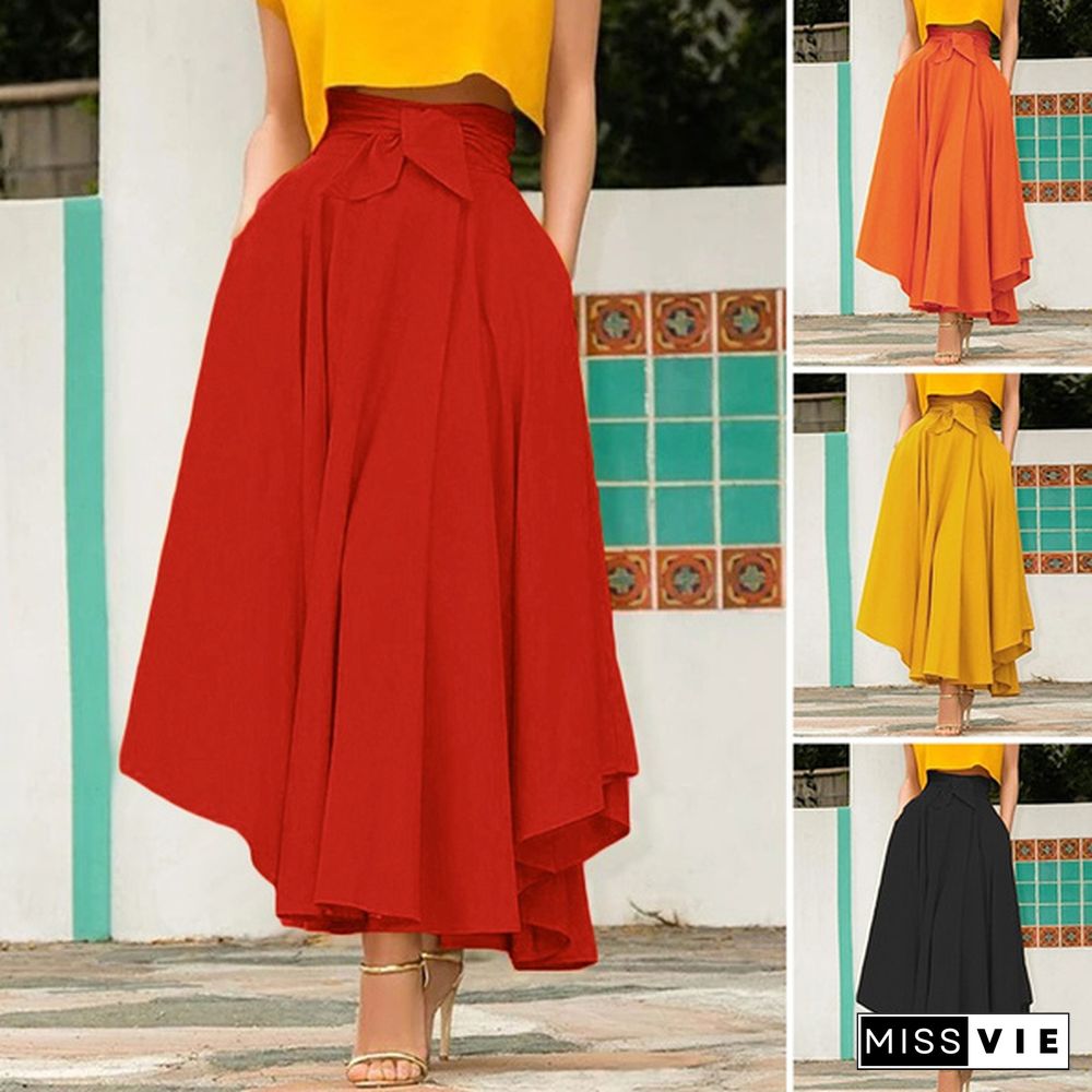 Women Summer High Waist Solid Color Swing Dress Plus Size Long Skirts