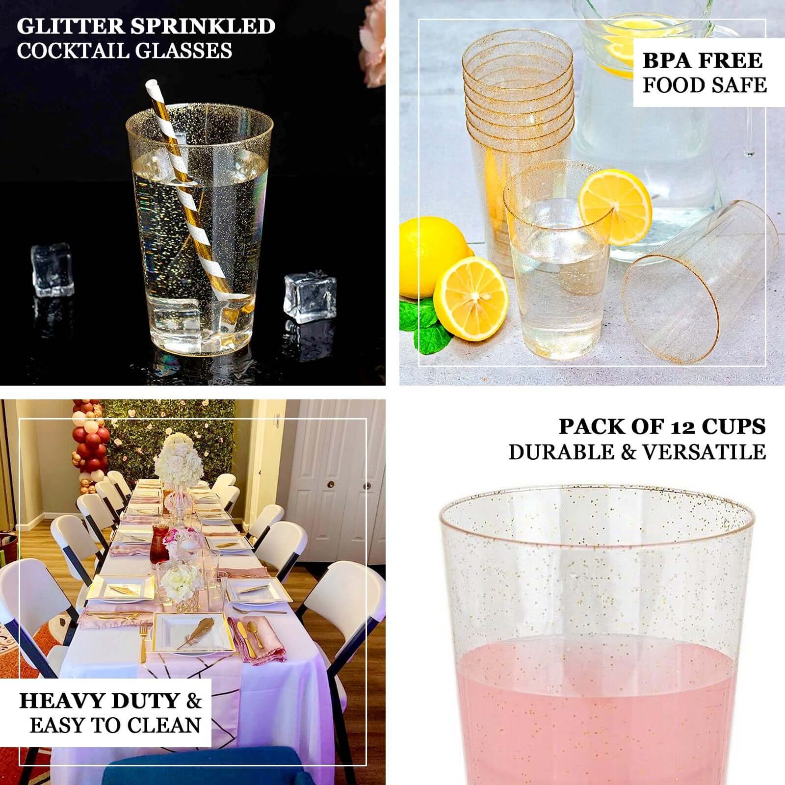 12 Pack Tall Silver Glitter Sprinkled Plastic Cups, Disposable Party Glasses 17oz