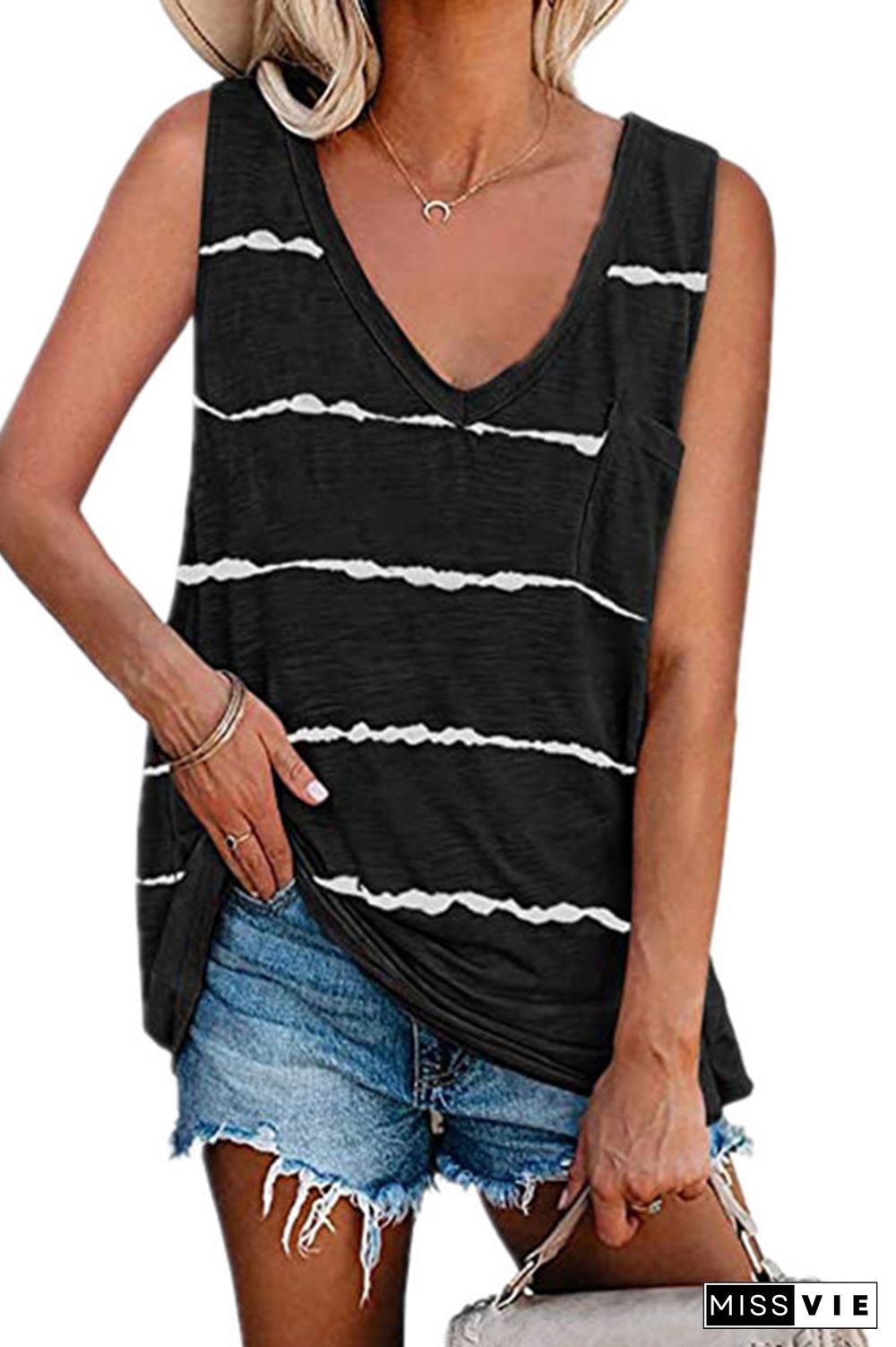 Black V-Neck Striped Tank Top