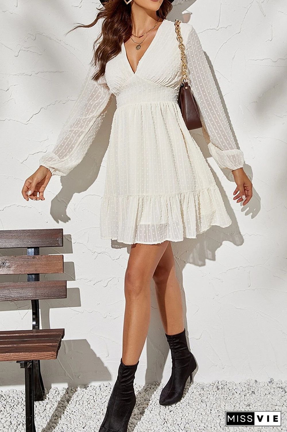 V Neck Lace Mesh Ruffle Smocked Dress