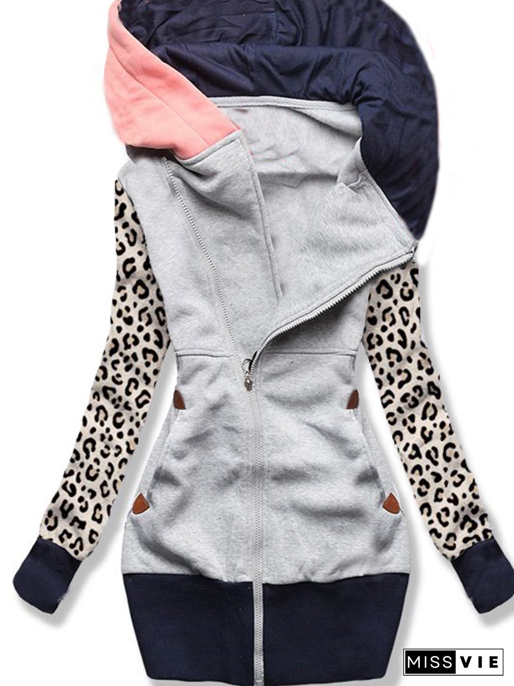 Women Casual All Season Color Block Cotton-Blend Zipper Sports Casual Long sleeve Hooded Jacket