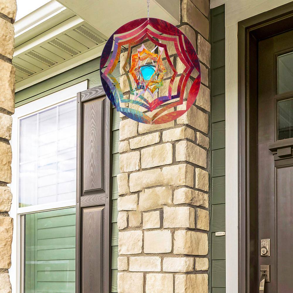 Alpine Corporation 12 in. Round Outdoor Hanging Metal Planet Wind Spinner with Blue Glass Ball IFF204