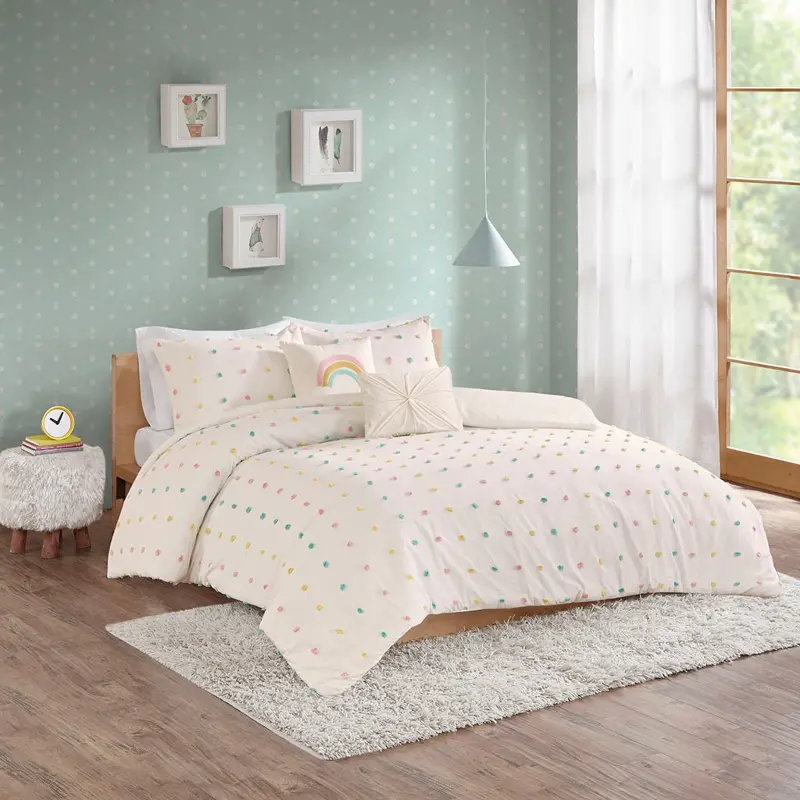 White and Multi Color Pom-Pom Full Callie 5 Piece Bedding Collection