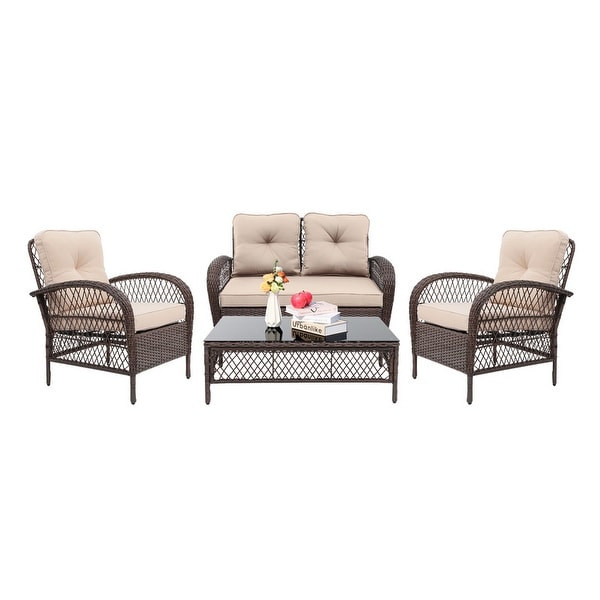 UPHA 4Piece Brown Wicker Patio Conversation Deep Seating Set with Coffee Table and Cushions