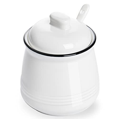 Porcelain Salt Bowl with Lid and Spoon，Ceramic Sugar Bowl 12oz (White)