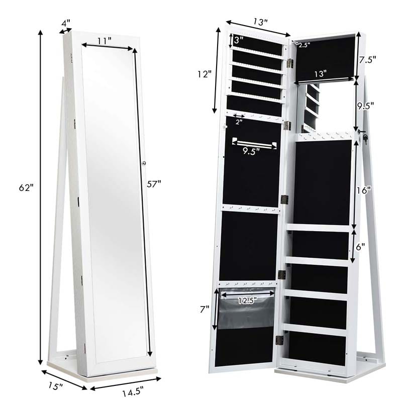 Full-Length Mirror Standing Jewelry Armoire with Inside Makeup Mirror, 2-in-1 Lockable Jewelry Cabinet Organizer