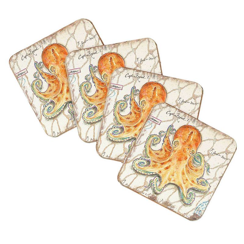 Octopus Coastal Wooden Cork Coasters Gift Set of 4 by Nature Wonders