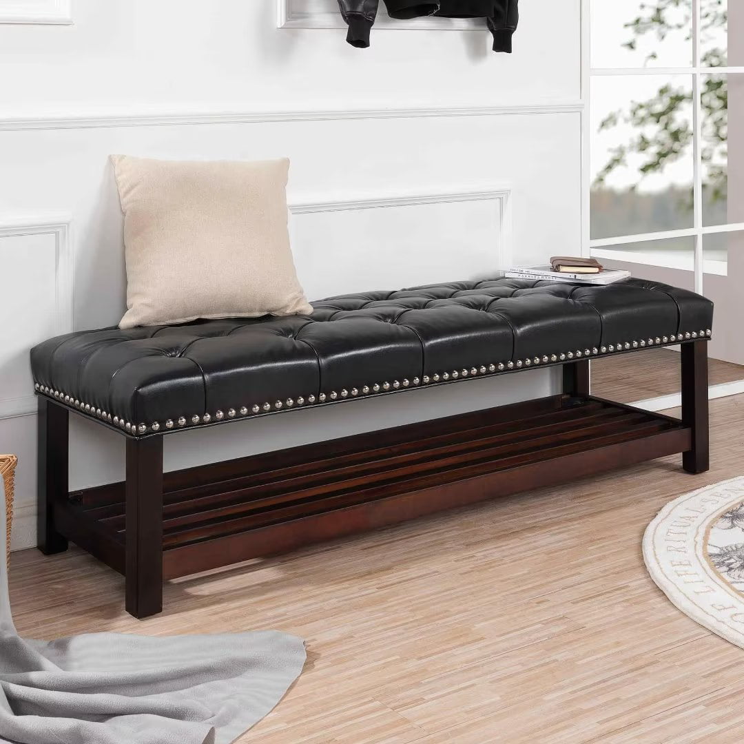 Entryway Bench Shoe Bench, Classic PU Leather Bench, Bedroom End of Bed Bench, Vanity Bench Dining Room Bench, Footstool with Wooden Base, for Bedroom Entryway Living Room Hallway, Black