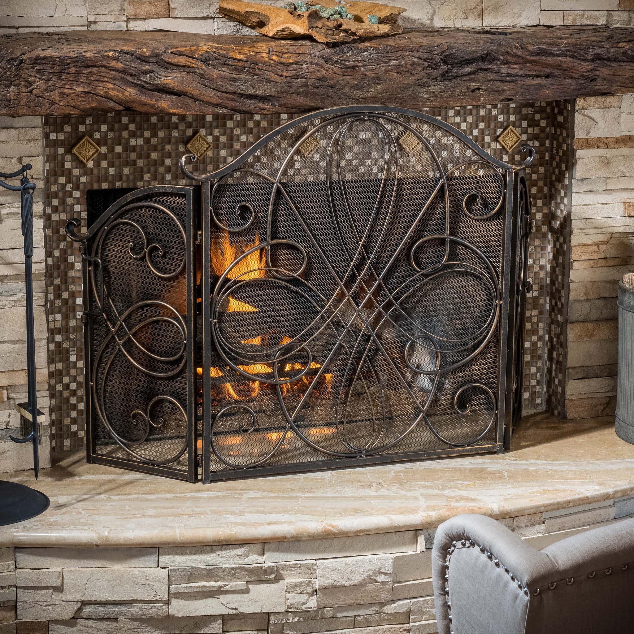 Rosalinda Black Gold Finish Floral Iron Fireplace Screen