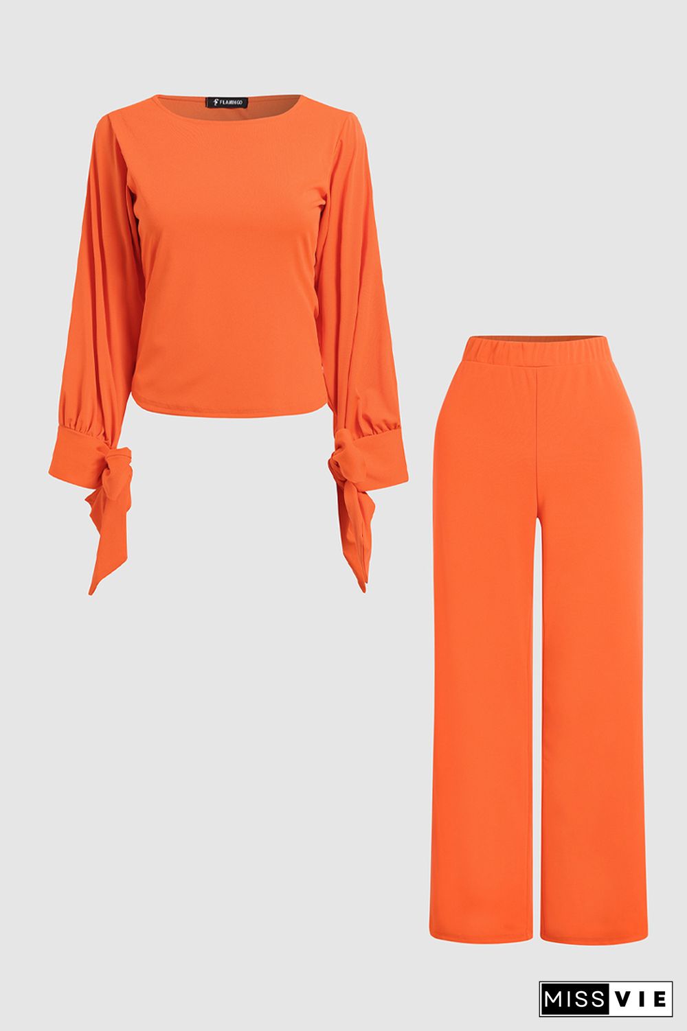 Solid Knot Cuff Blouse & Pants Set