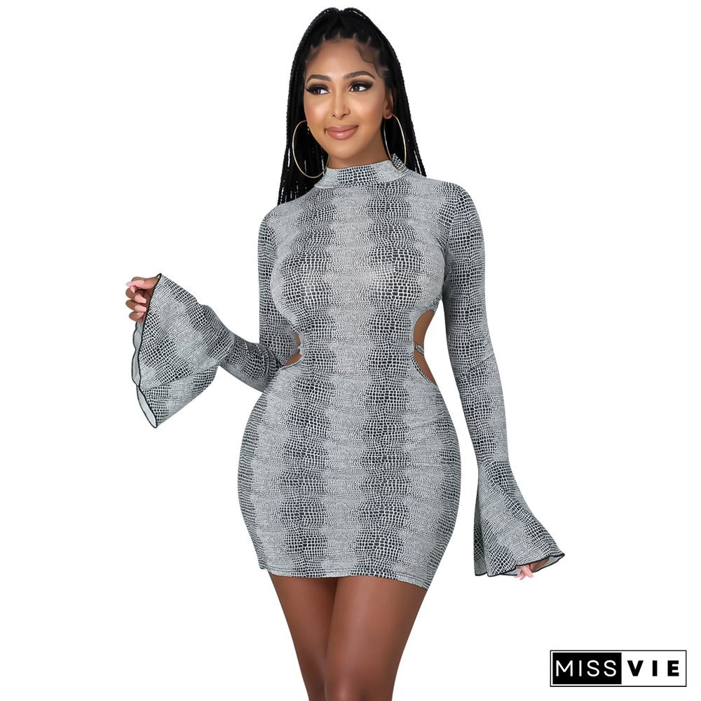 Snake Print Backless Bandage Flare Sleeve Dress