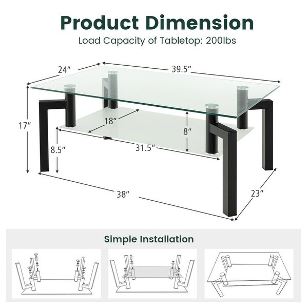 2-Tier Rectangular Glass Coffee Table with Metal Tube Legs-Black - 39.5