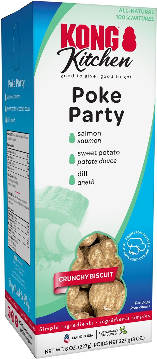 KONG Kitchen Poke Party' Salmon Crunchy Biscuit Dog Treats， 8-oz box