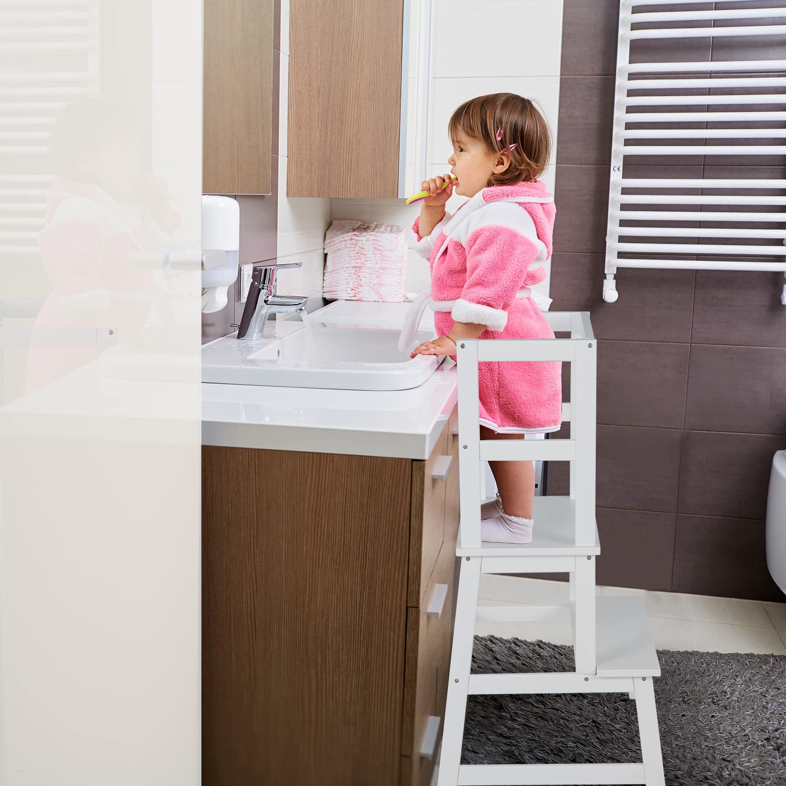 Costzon Kids Kitchen Step Stool with Safety Rail, 2 in 1 Solid Wood