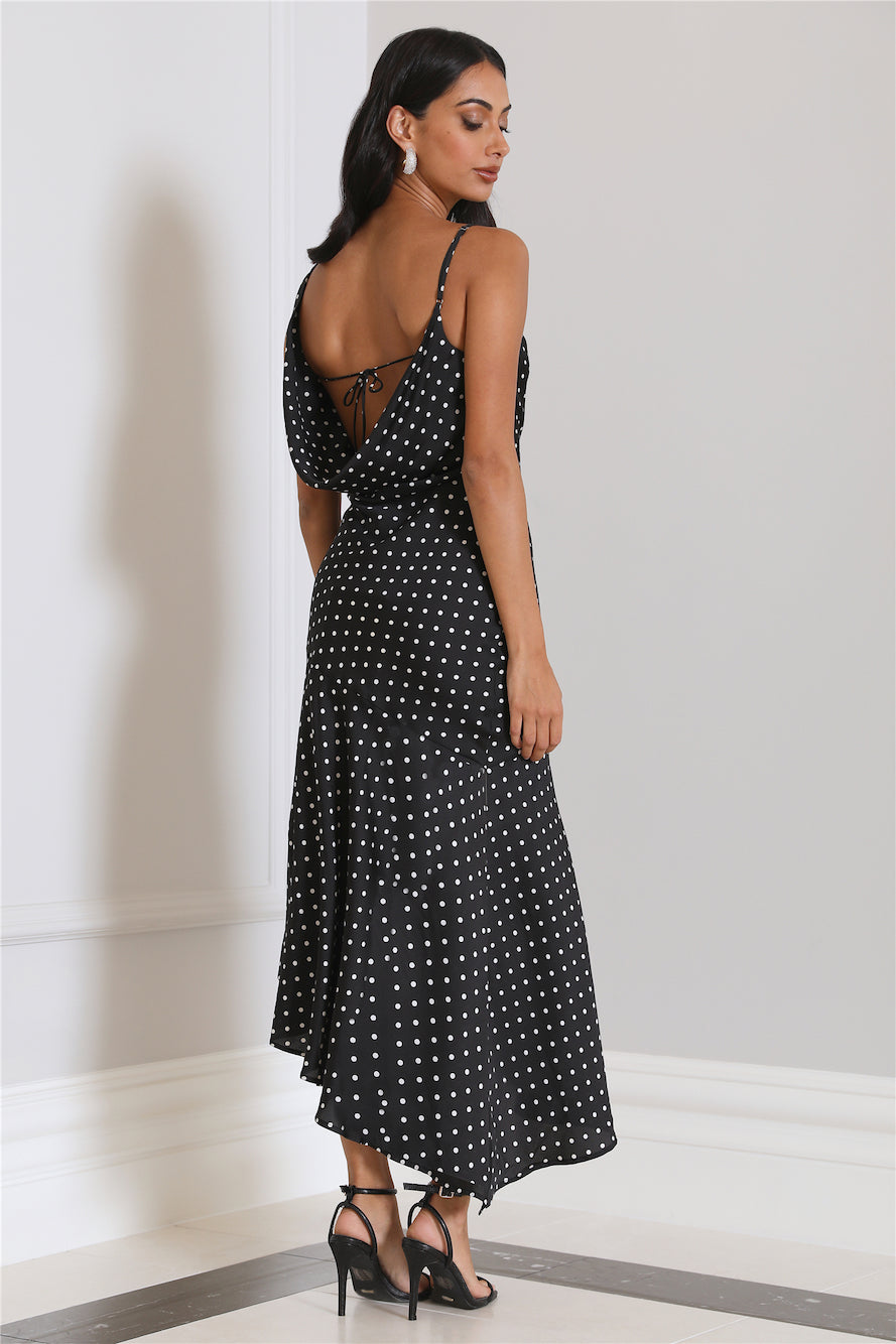 HELLO MOLLY Dotted Moment Satin Polka Dot Midi Dress Black