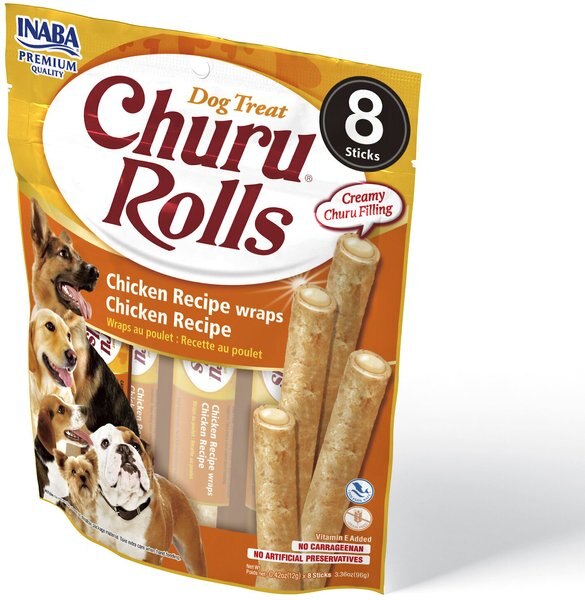 Inaba Churu Rolls Chicken Recipe Grain-Free Soft and Chewy Dog Treats， 0.42-oz， pack of 8