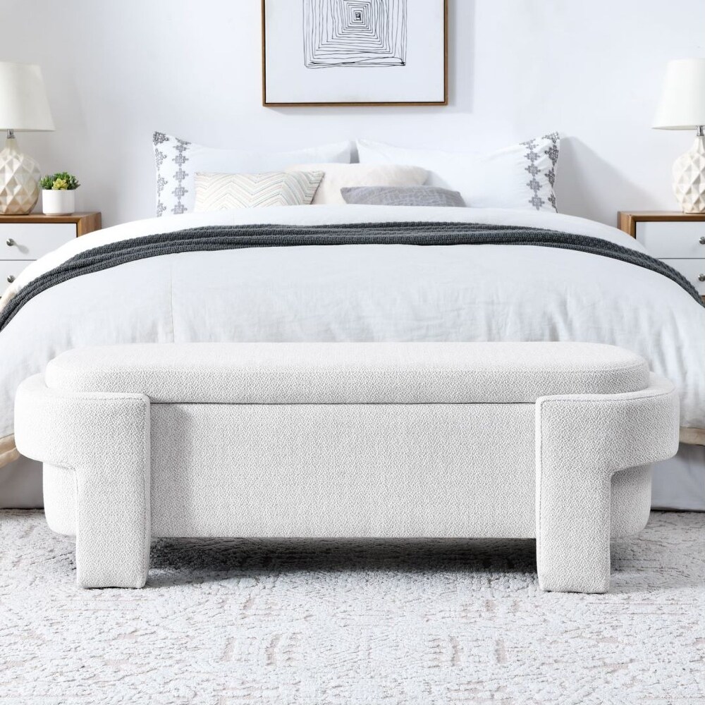 White Linen Fabric Upholstered Bench with Large Storage Space