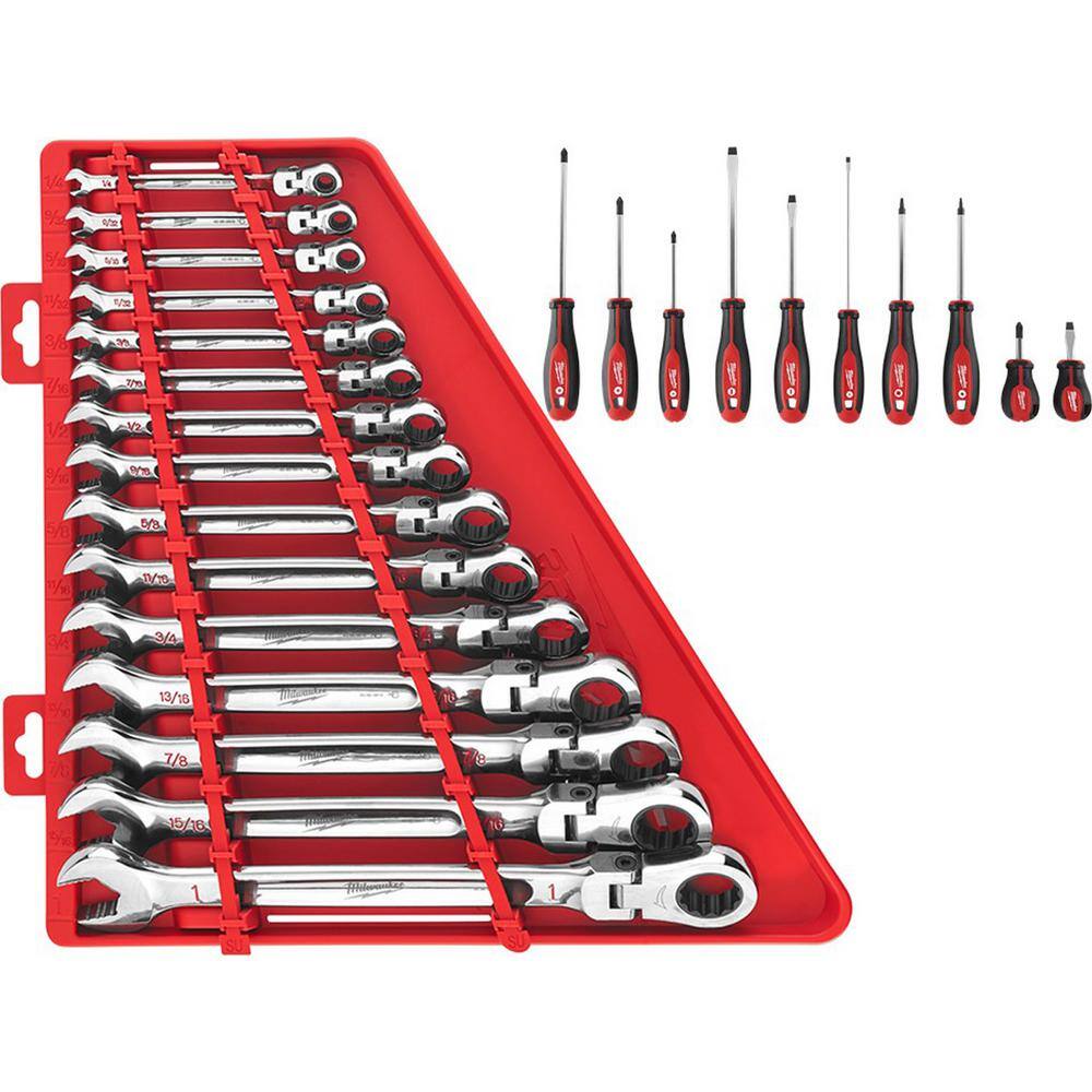 MW 144-Position Flex-Head Ratcheting Combination Wrench Set SAE with Screwdriver Set (25-Piece) 48-22-9413-48-22-2710