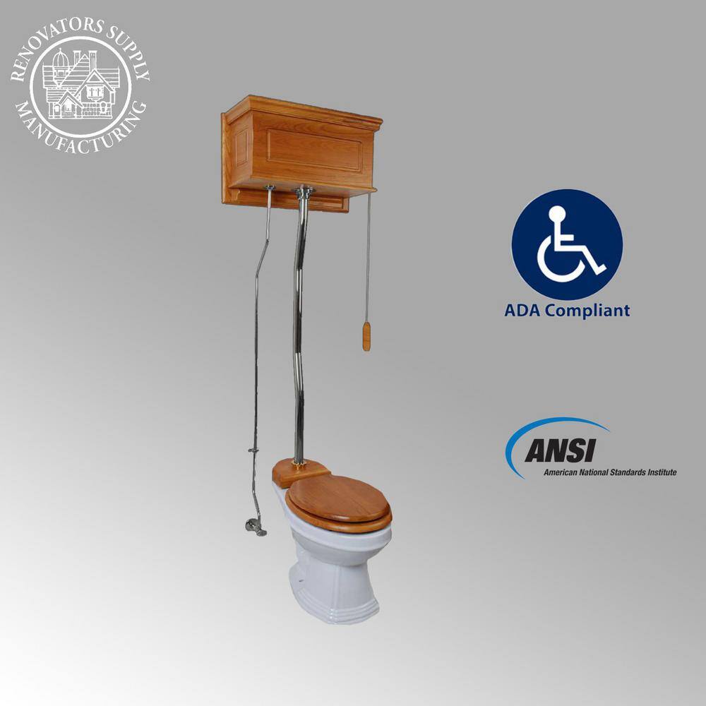 RENOVATORS SUPPLY MANUFACTURING High Tank Toilet 2-Piece 1.6 GPF Single Flush Elongated Bowl in White with Light Oak Tank Seat Not Included 20161