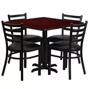 Emma and Oliver 36SQ Walnut Table Set-X-Base and 4 Ladder Back Chairs，Black Seat