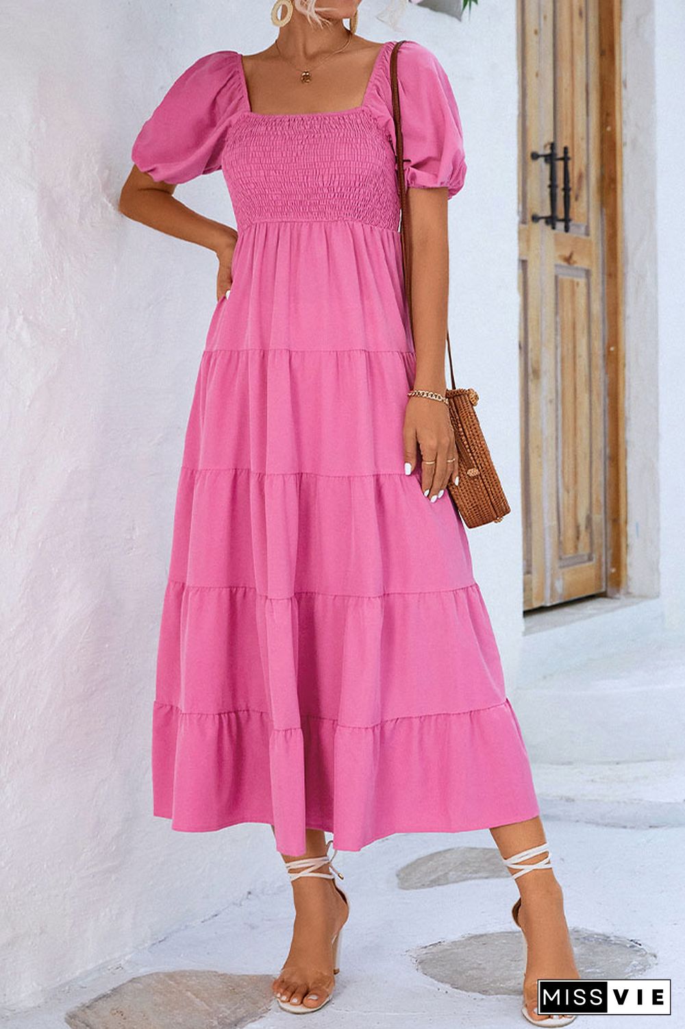 Puff Sleeves Square Neck Splicing Ruffle Long Dress