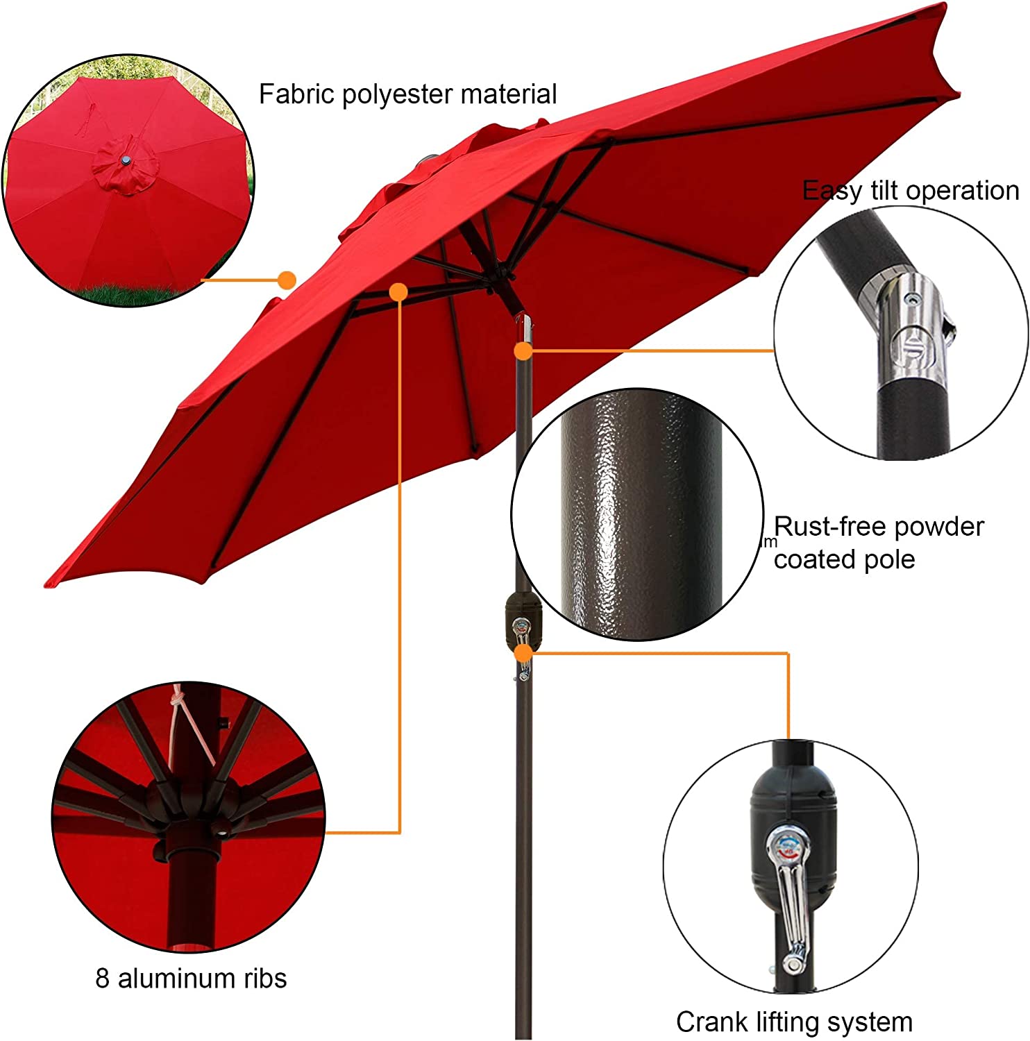 9' Outdoor Market Patio Umbrella with Push Button Tilt and Crank, 8 Ribs (Tan)