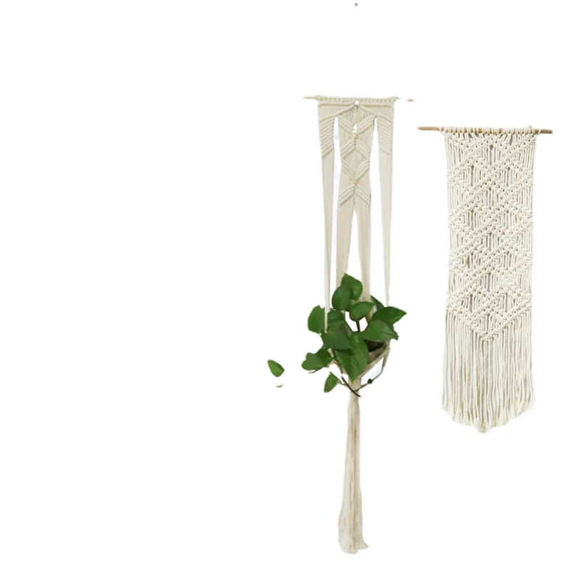 Cross border manufacturers supply handmade flower pot decoration cotton rope woven hanging basket net gardening art home