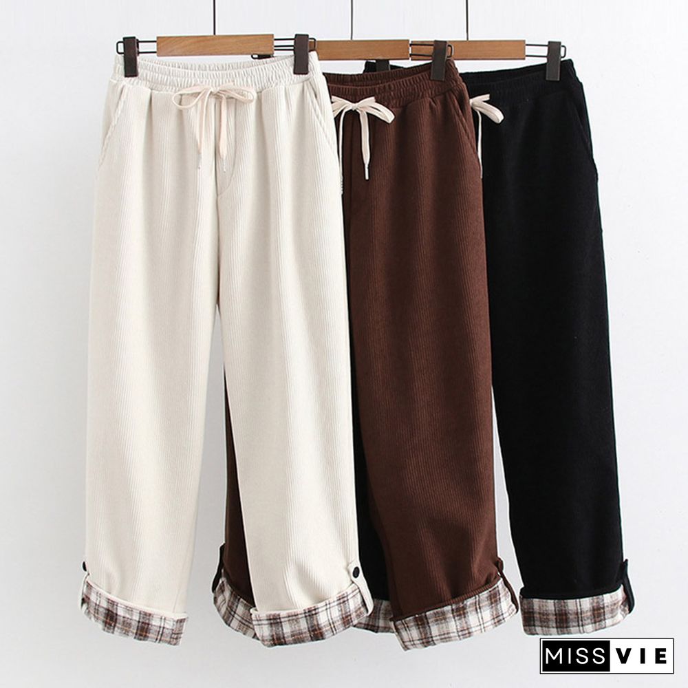 Corduroy Elastic Waist Plaid Roll Up Hem Pants