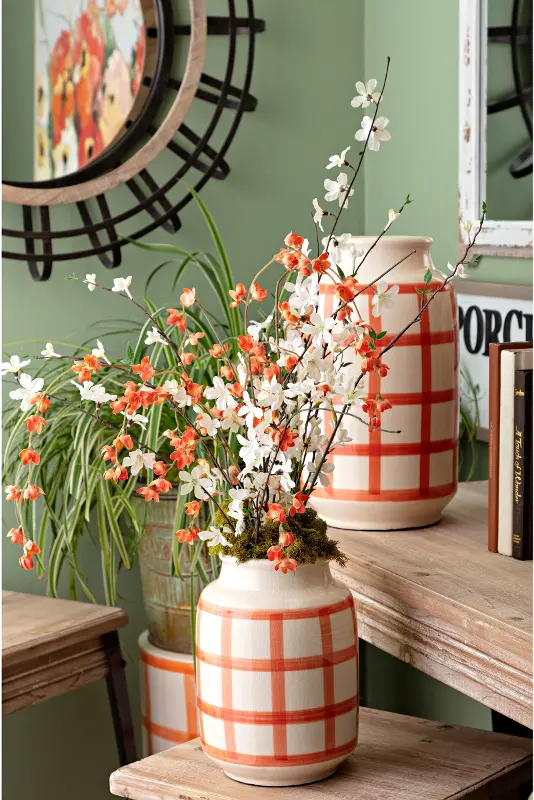 10 Inch Orange on Cream Gingham Check Ceramic Vase