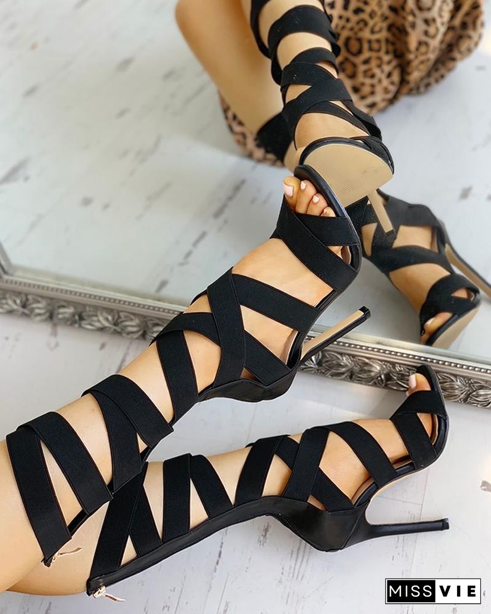 Bandage Lace-Up Zipper Back Thin Heels