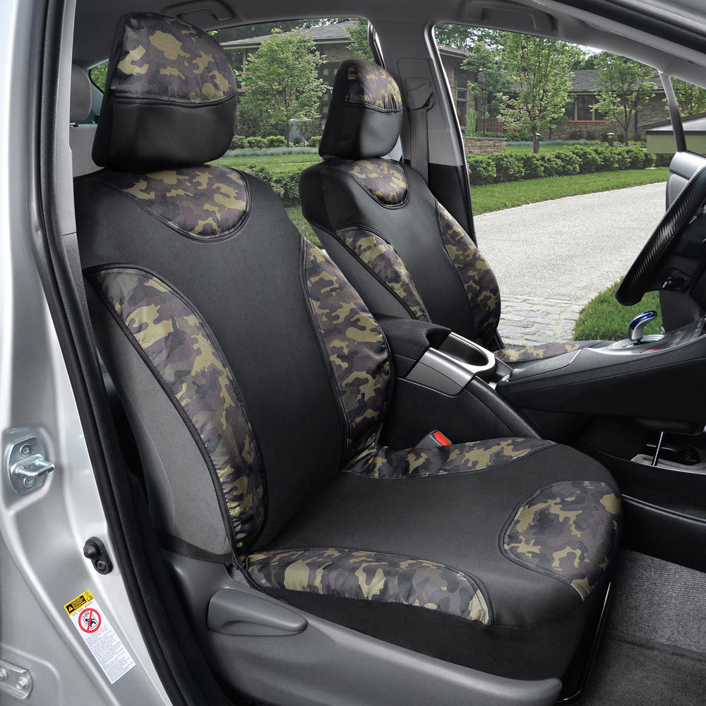 BDK Camo Seat Covers for Truck， Car， SUV - Two Tone Black and Camouflage Sideless Front Auto Seat Protectors