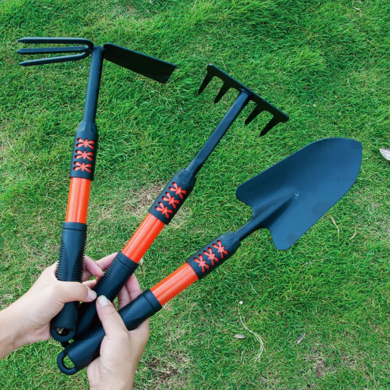 New Design Carbon Steel Hand Plastic Handle 3 Piece Garden Hoe Rake Gardening Tool Set Kit With Extended Handle