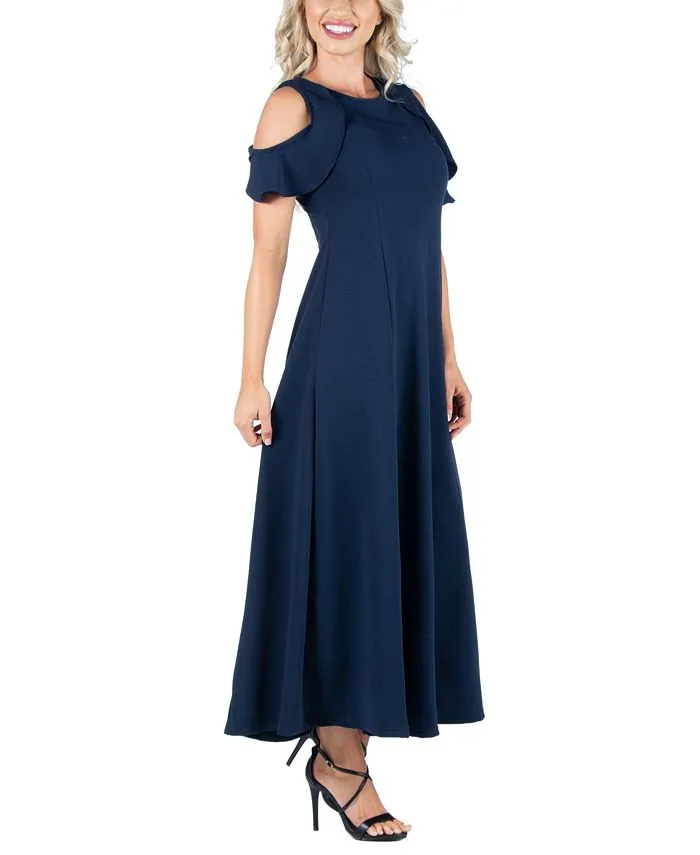 Women's Ruffle Cold Shoulder A-Line Maxi Dress