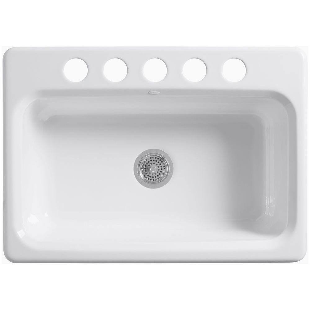 KOHLER Bakersfield Undermount Cast Iron 31 in. 5-Hole Single Bowl Kitchen Sink in Biscuit K-5832-5U-96