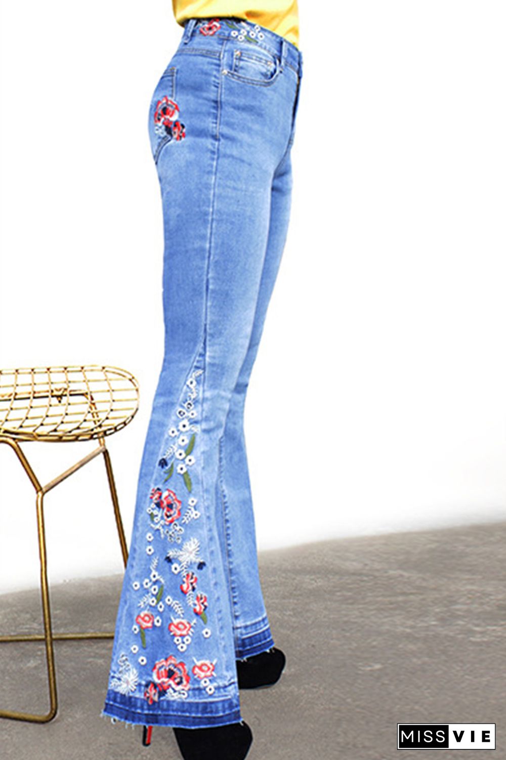 Bleach Embroidered Side Bell Bottom Flared Jeans Wholesale Boutique