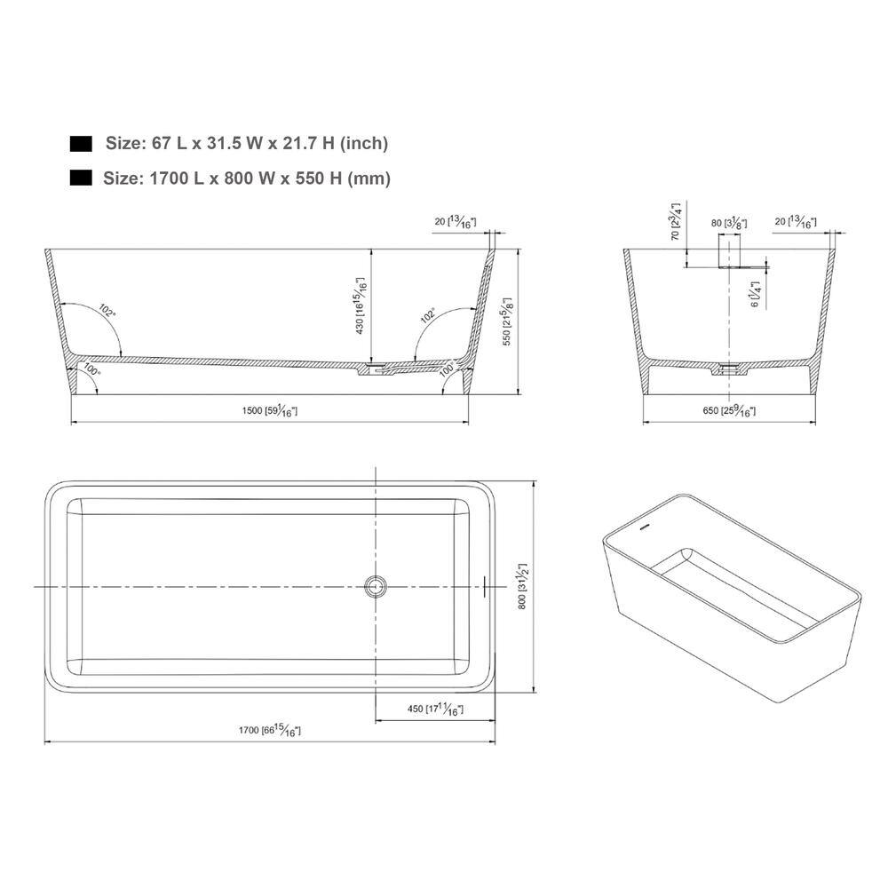 Vanity Art Bretagne 67 in. Solid Surface Resin Stone Matte Flatbottom Freestanding Bathtub in White VA6914-ML