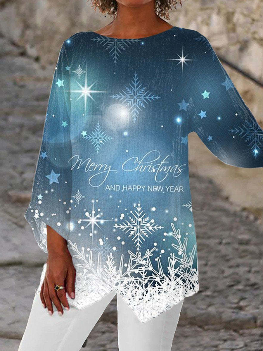 Casual Loose Christmas Printed Round Neck Long Sleeve Blouse